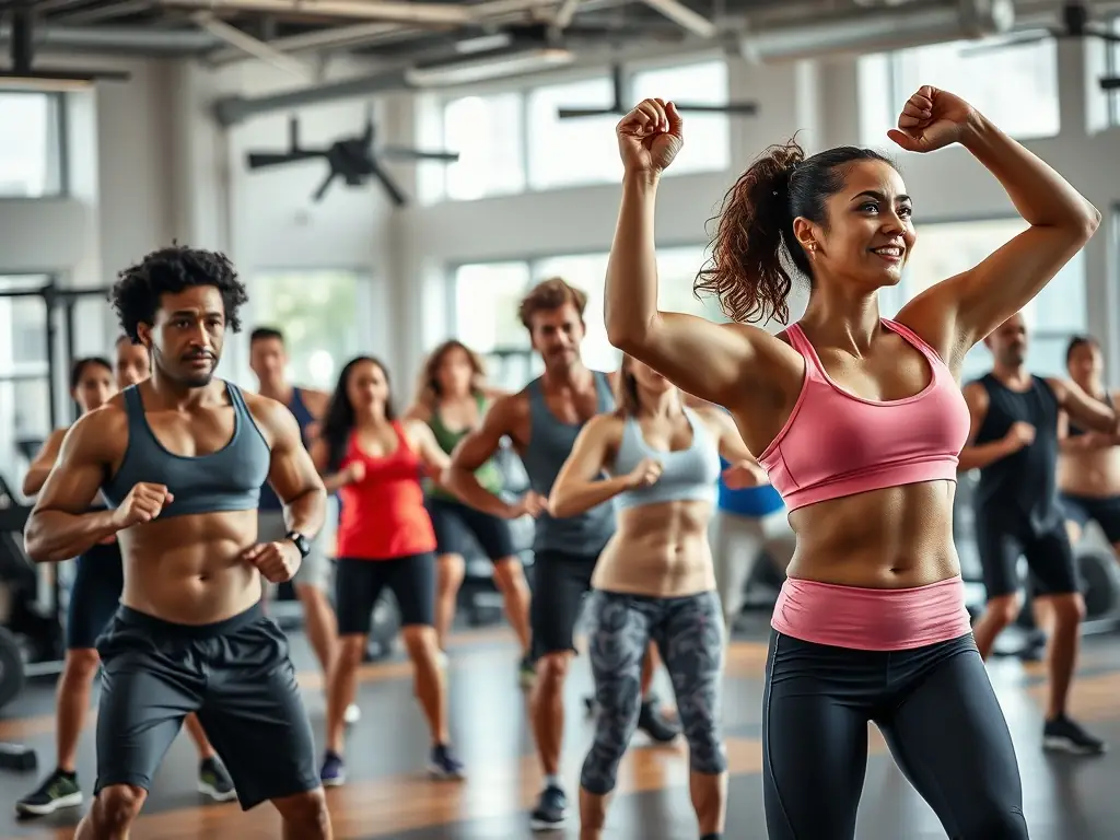 Adults participating in a fitness class, performing various exercises to improve strength, endurance, and overall fitness, led by a certified fitness trainer.