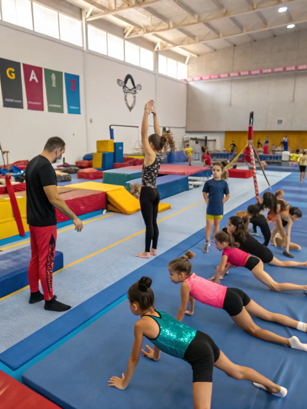A professional instructor guiding participants through a gymnastics routine at GYM VOLONTAIRE DE MOUSSAGES, highlighting expert guidance.