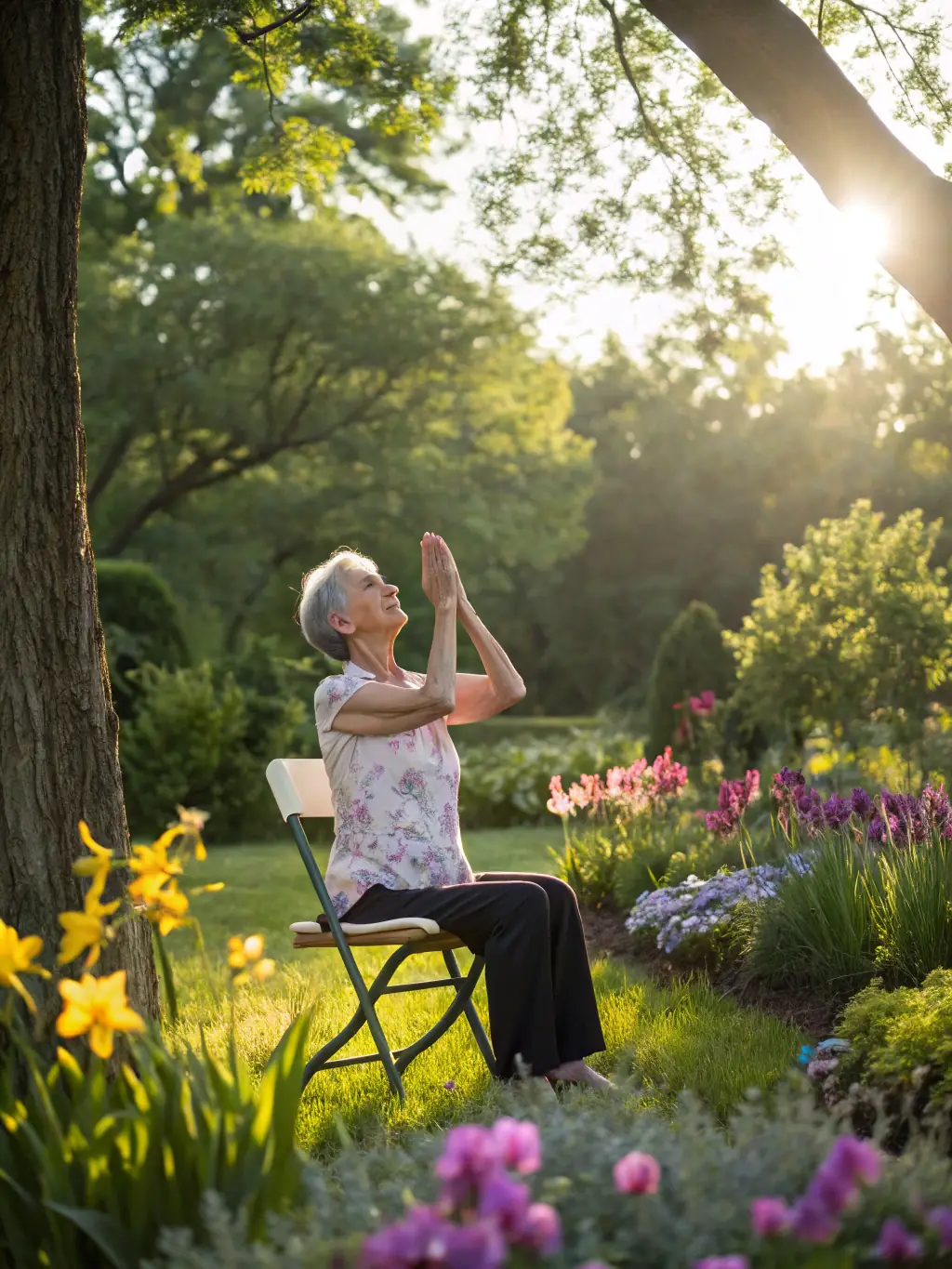 A senior citizen participating in a chair yoga session at GYM VOLONTAIRE DE MOUSSAGES, demonstrating improved flexibility and balance with the support of a chair.