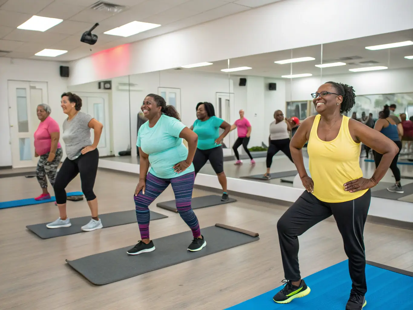 A group of adults participating in a low-impact aerobics class at GYM VOLONTAIRE DE MOUSSAGES, smiling and following the instructor's movements in a bright, spacious studio.