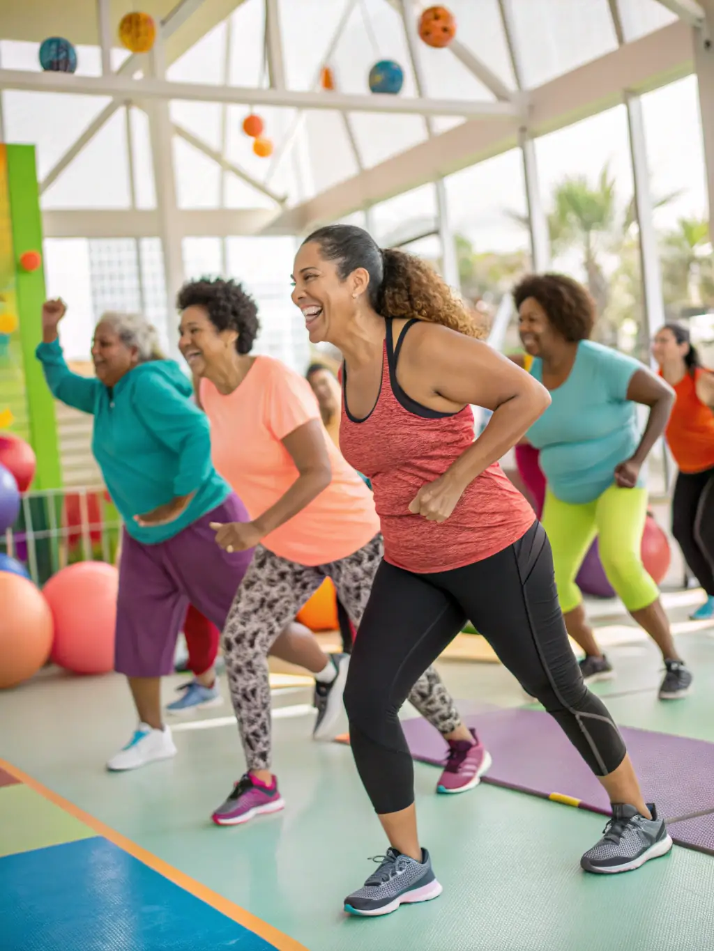 A group of adults participating in a low-impact aerobics class at GYM VOLONTAIRE DE MOUSSAGES, smiling and following the instructor's movements in a brightly lit studio.
