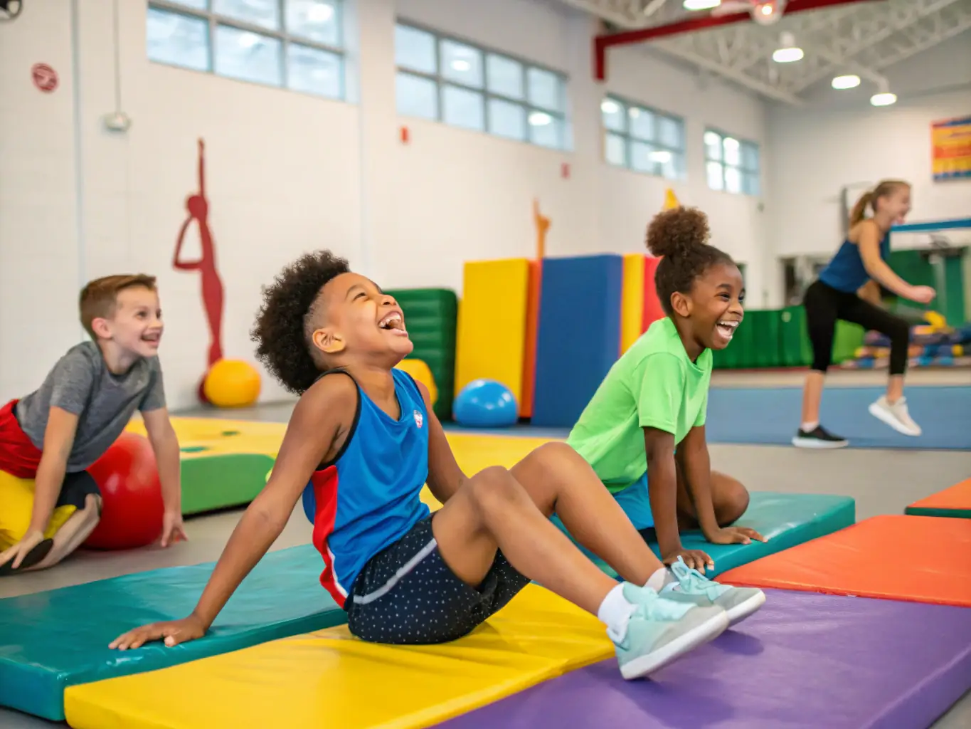 Children participating in a fun and engaging gymnastics class at GYM VOLONTAIRE DE MOUSSAGES, with colorful mats and equipment, under the supervision of qualified instructors.