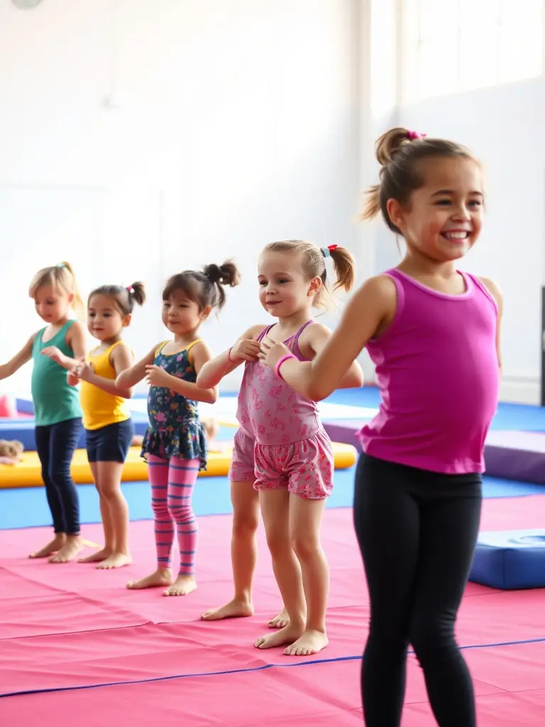Children practicing basic gymnastic moves on mats at GYM VOLONTAIRE DE MOUSSAGES, with an instructor guiding them in a safe and supportive environment.