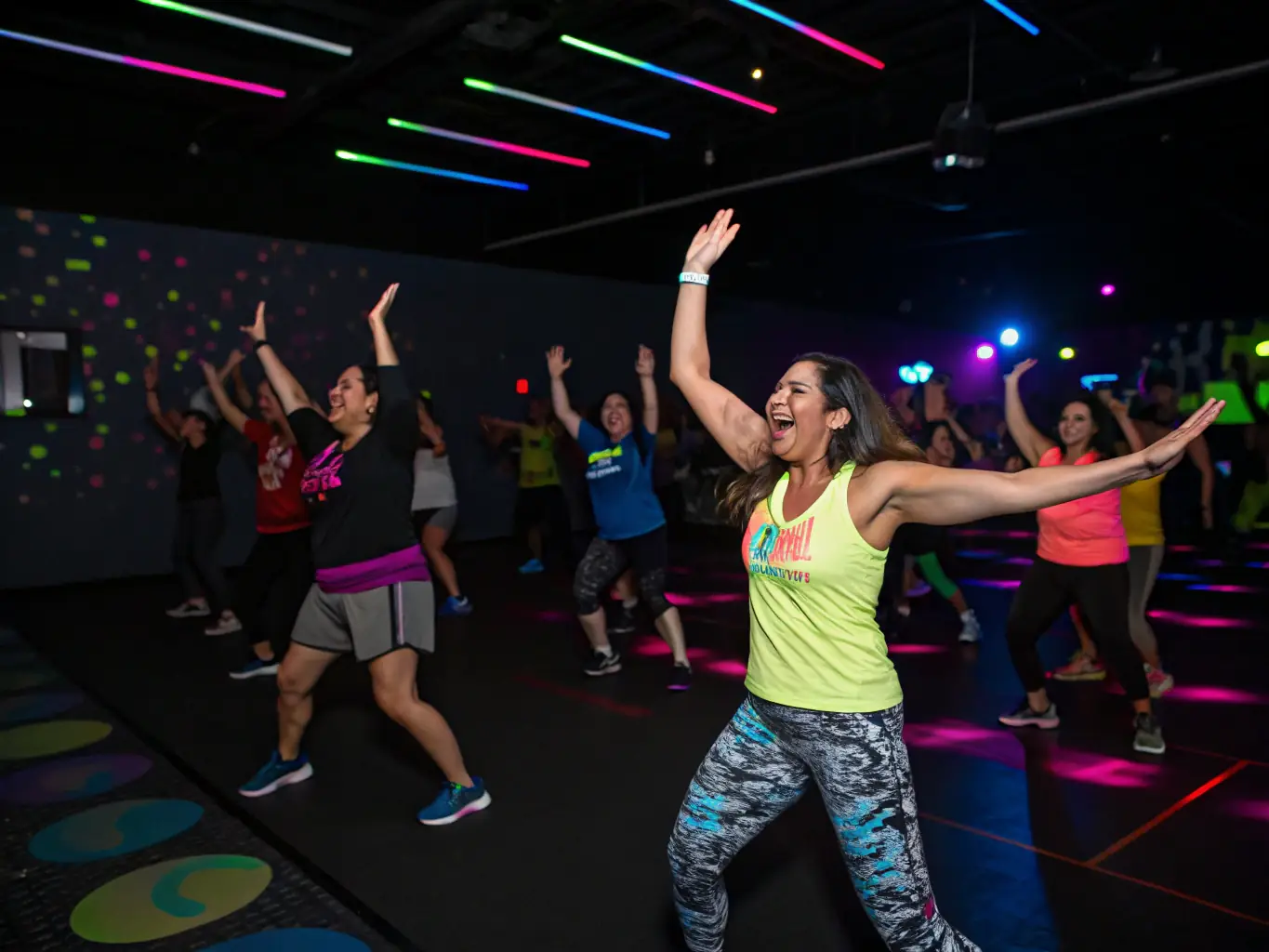 A group of young adults participating in a Zumba class at GYM VOLONTAIRE DE MOUSSAGES, moving energetically to the music and enjoying a high-energy workout.
