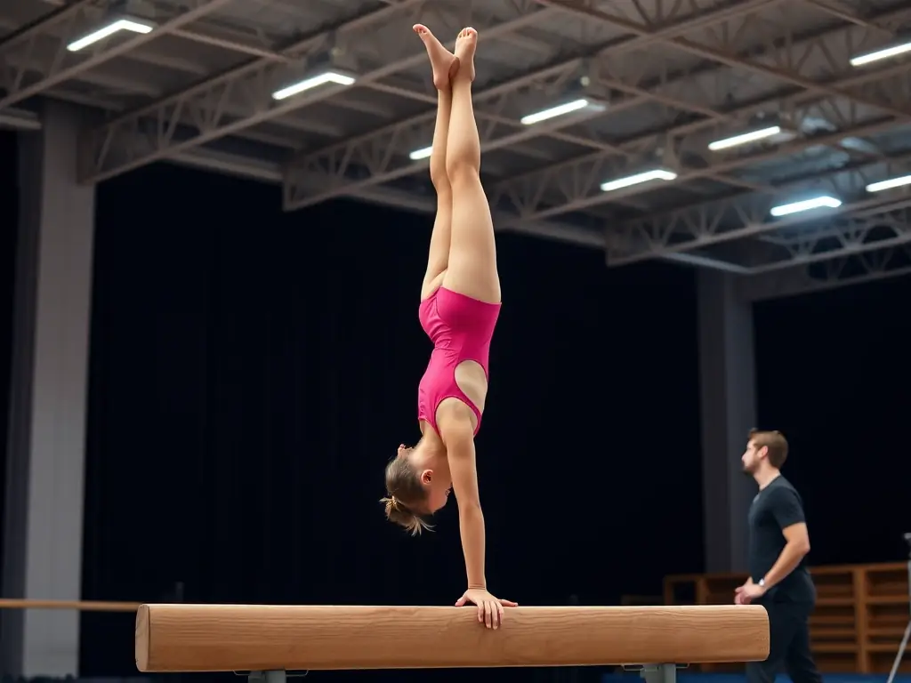 A smiling participant confidently performing a gymnastics routine, highlighting the self-esteem and personal development fostered by GYM VOLONTAIRE DE MOUSSAGES.