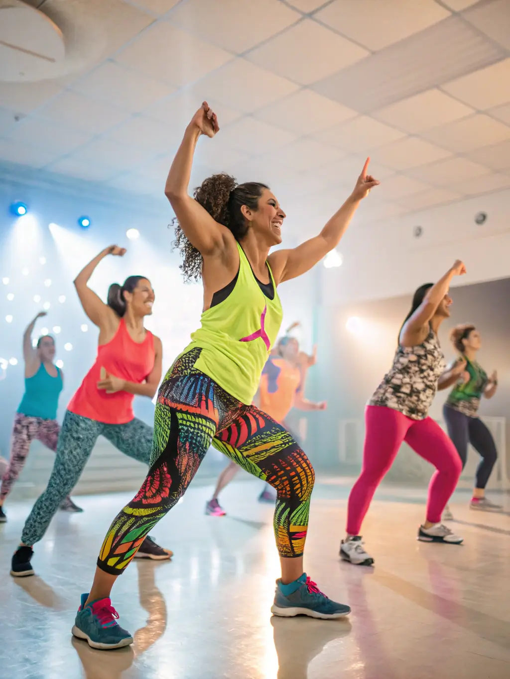 A diverse group of individuals participating in a Zumba class at GYM VOLONTAIRE DE MOUSSAGES, moving to the music and enjoying a high-energy workout.