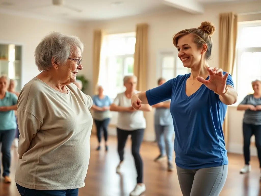 Seniors participating in a gentle exercise program, focusing on mobility, balance, and flexibility, with a caring instructor providing personalized support and encouragement.